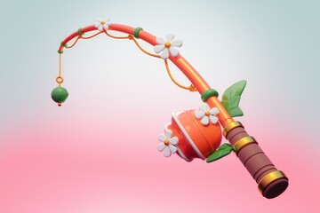 Poster - A whimsical 3D render of a cartoon fishing rod adorned with flowers and leaves