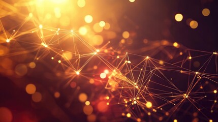 Fototapete - Line art illustration depicting abstract virtual connections with glowing dots set against a dark cyberspace background