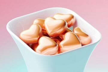 Fototapete - A white bowl filled with shiny golden heart shaped objects.