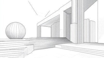 Line art illustration depicting abstract three dimensional architectural design