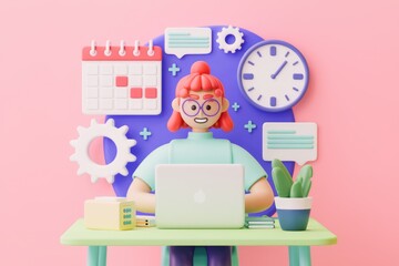 Leinwandbilder - Woman working on laptop surrounded by office elements.