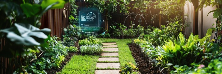 Poster - This garden features smart technology with soil sensors and automated sprinklers, ensuring optimal plant care amidst rich greenery. Generative AI