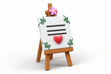 Poster - A small wooden easel with a blank canvas  a red heart  and green vines.