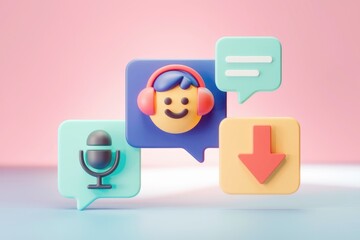 Poster - 3D rendered icons of a microphone  download arrow  chat bubble and a smiling face with headphones