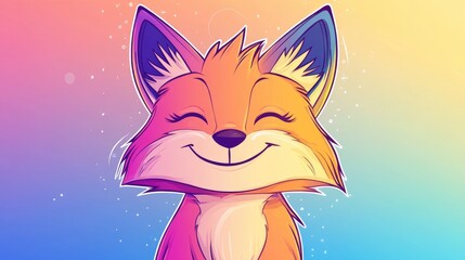 Wall Mural - Line art illustration featuring a cold gradient drawing of a cheerful cartoon fox