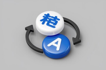 Poster - Two 3D circles with Chinese character and letter A  connected by black arrows in a circular motion.