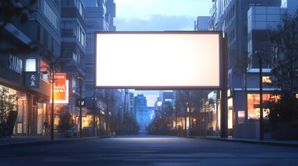 Poster - The view captures a quiet urban street at twilight, featuring a large blank billboard.