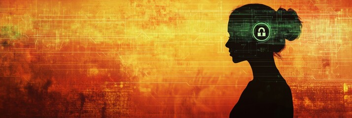 Aufkleber - A person’s silhouette stands out against a vibrant digital background featuring a lock symbol, symbolizing privacy in technology. Generative AI
