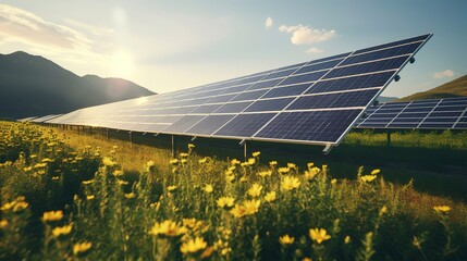 a photo of a solar panel array in a field.