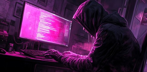 Fototapete - Hooded hacker typing code in a dark room with pink lighting.