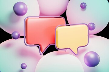 Poster - Two speech bubbles on a background of pastel spheres.