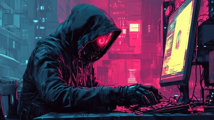Leinwandbilder - A hooded figure sits in front of a computer in a dimly lit room, typing on a keyboard.