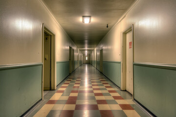  Old hospital corridor with faded walls, worn-out linoleum flooring, and a single flickering overhead light.