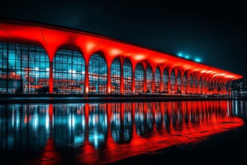 Poster - A modern building with a red neon light reflecting in a puddle of water at night.
