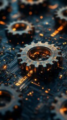 Leinwandbilder - Close-up of metallic gears on a circuit board with glowing lights.