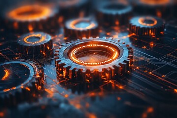 Fototapete - Close-up of glowing metal gears on a circuit board.