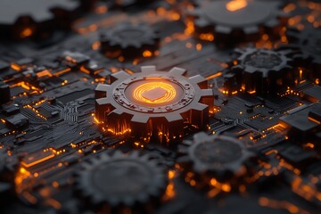 Poster - Close-up of a glowing orange processor chip surrounded by gears and circuit board.