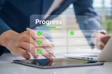 Leinwandbilder - Corporate Progress Tracking with Digital Check Marks. Professional Using Tablet Interface to Monitor Task Completion, Emphasizing Productivity, Goal Management, Seamless Workflow and Data Tracking