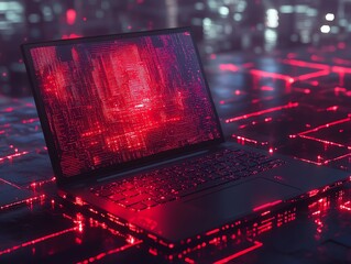 Aufkleber - A black laptop computer with a red glow in the background. The screen is displaying a red and black image of a cityscape with glowing lights.