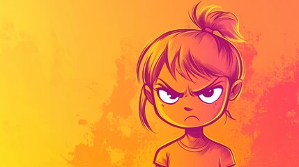 Wall Mural - Line art illustration featuring a warm gradient of a cartoon girl expressing anger