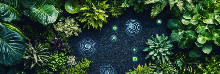 Poster - A vibrant garden features automated sprinklers and soil sensors, showcasing healthy plants and flourishing greenery in a serene setting. Generative AI