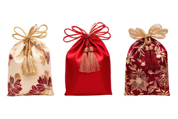 Three decorative gift bags in gold, red, and burgundy with tassels, isolated on a white background. Concept: luxury, tradition, and elegance.
gift bag, isolated, luxury, elegance, tradition, gold, re
