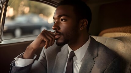 Wall Mural - A black man in a grey suit with a white shirt and a dark tie sits in the backseat of a car looking out the window, deep in thought. His hand rests on his chin as he ponders.