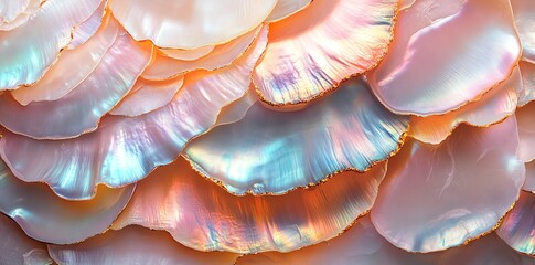 Aufkleber - Closeup of iridescent, mother of pearl shells, overlapping and creating a textural and colorful abstract pattern.