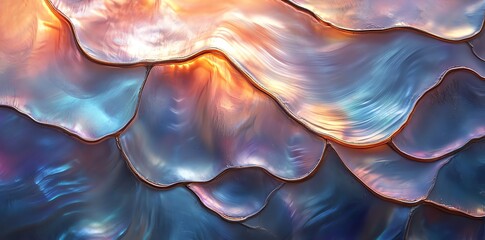 Aufkleber - Abstract iridescent texture with wavy, layered, and shiny surface in blue, orange, and purple tones.