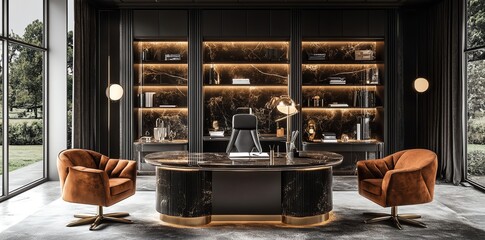 Poster - Luxurious modern office with dark wood desk and shelves, large windows and two brown velvet chairs.