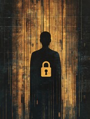 Fototapete - A silhouette stands before a digital background adorned with a lock symbol, symbolizing the importance of privacy in artificial intelligence. Generative AI