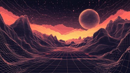 Aufkleber - Line art illustration of a digital grid landscape featuring high quality techno style graphics in a visually appealing modern design
