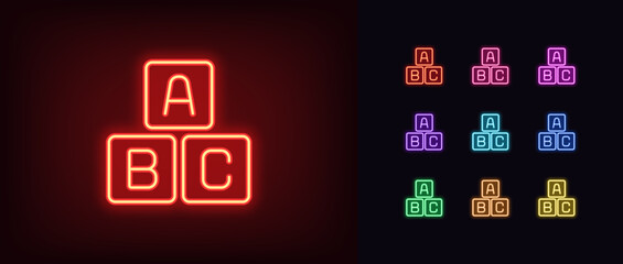 Poster - Outline neon alphabet cubes icon set. Glowing neon alphabet blocks with English letters, toy ABC cubes for game in words. Child education and early children development through games. Vector icons
