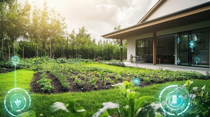 Poster - Automated sprinklers and soil sensors help maintain a lush smart garden adjacent to a home, enhancing plant growth and efficiency. Generative AI