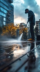 A man in a black jacket is power washing a wooden deck in front of a city building.