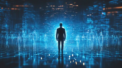 Poster - A silhouette of a man standing in front of a futuristic digital cityscape. The man represents leadership, vision, and innovation.