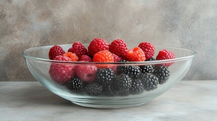 Wall Mural - Fresh raspberries and blackberries in a glass bowl with a gray background