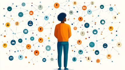 Aufkleber - A person stands before a large network of interconnected circles, representing a complex system or network.
