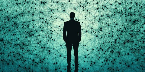 Aufkleber - Silhouette of a businessman standing in front of a network of interconnected dots on a teal background.