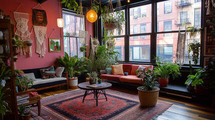 Poster - Indoor Oasis with Hanging Macramé Planters and Tribal Rugs