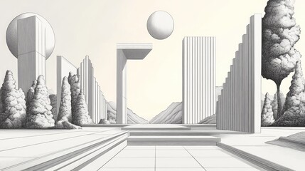 Wall Mural - Line art illustration featuring a three dimensional architectural building design