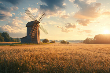 Wall Mural - a classic wooden windmill standing tall in a sunlit meadow.