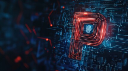 Fototapete - Line art illustration of an abstract technology background showcasing a security system concept with a fingerprint integrated into the letter P