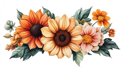 Poster - A watercolor painting of a bouquet of sunflowers, dahlias, and other flowers.