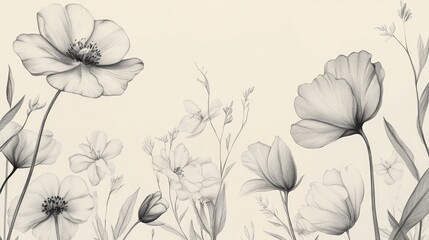 Wall Mural - Line art illustration of a graphic floral collection featuring spring flowers in pencil sketches