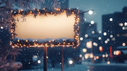 Poster - A blank billboard decorates a snowy street in a city during winter. Soft lights surround the sign, creating a warm atmosphere amidst falling snow, while city lights glow in the background.