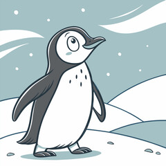 Wall Mural - A charming illustration of a penguin standing on snow, looking up at the sky with a cheerful expression. Perfect for adding a touch of cuteness and wintery charm to your designs.