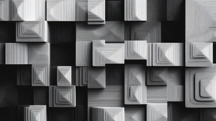 Poster - Abstract line art illustration featuring a 3D square pattern with stacked shapes in a black and white color gradient suitable for backgrounds or wallpapers