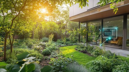 Poster - An advanced garden thrives with automated sprinklers and soil sensors while sunlight illuminates the landscape in the afternoon. Generative AI