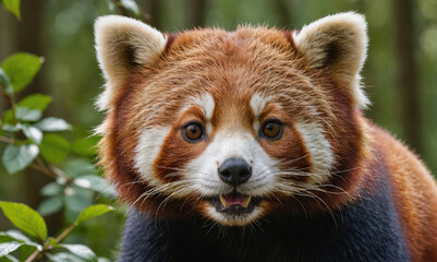 Wall Mural - a red panda looks directly at the camera, its mouth slightly open and showing its teeth